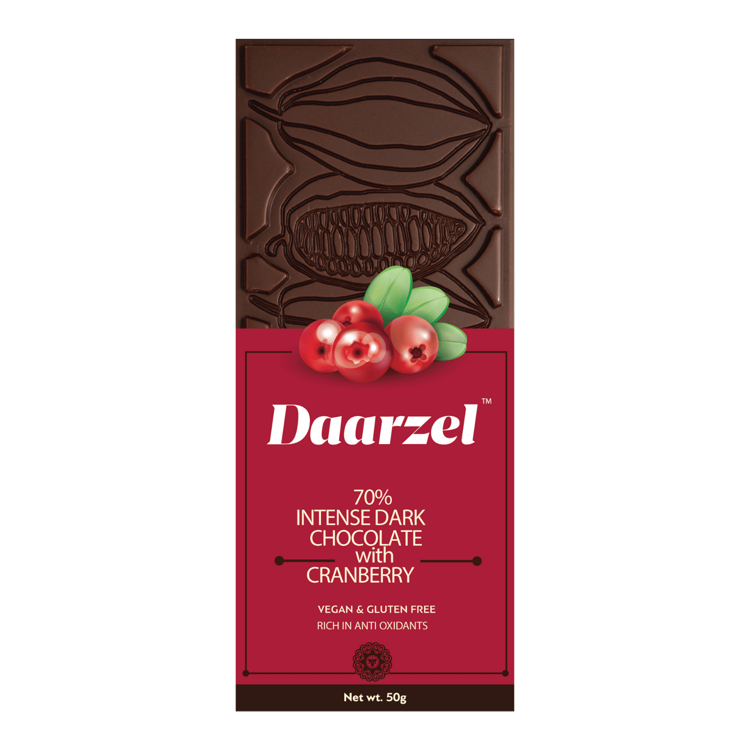 Daarzel  70 Intense Dark Chocolate with Cranberry  Vegan & Gluten Free  50 g